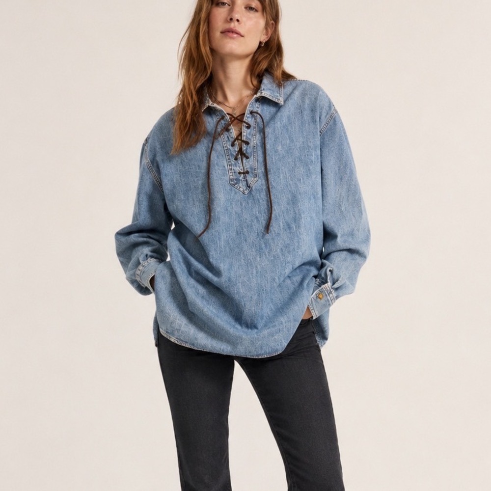 Vintage Breeches Womens XL Denim Lace Up Pullover Shirt Blue Equestrian 90s